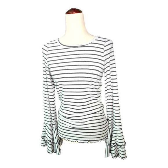 Free People Good Find Black and White Bell Sleeve Stripped Long Sleeve Top, L - Picture 5 of 9